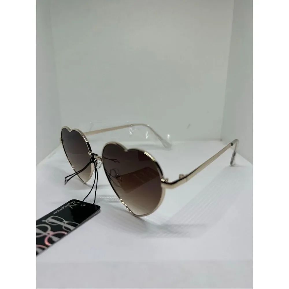 Y2K Brown Gradient Heart Sunglasses Gold Frame UV Protection